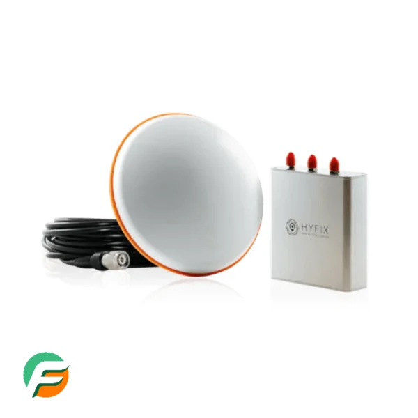 Close-up of Geodnet GNSS antenna and receiver unit with cable, white background, FreshMiners logo bottom left