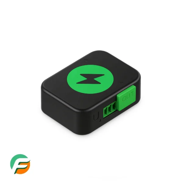 Compact black smart relay with green terminals and a lightning bolt icon on top