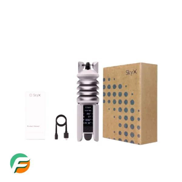 Sky100 weather monitoring station with packaging, user manual, and USB cable.