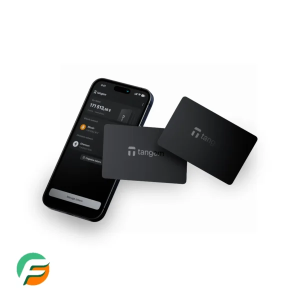 Tangem hardware wallets displayed with smartphone app interface